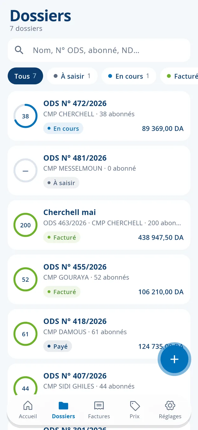Liste des dossiers d'OptiFact+ sur Android.