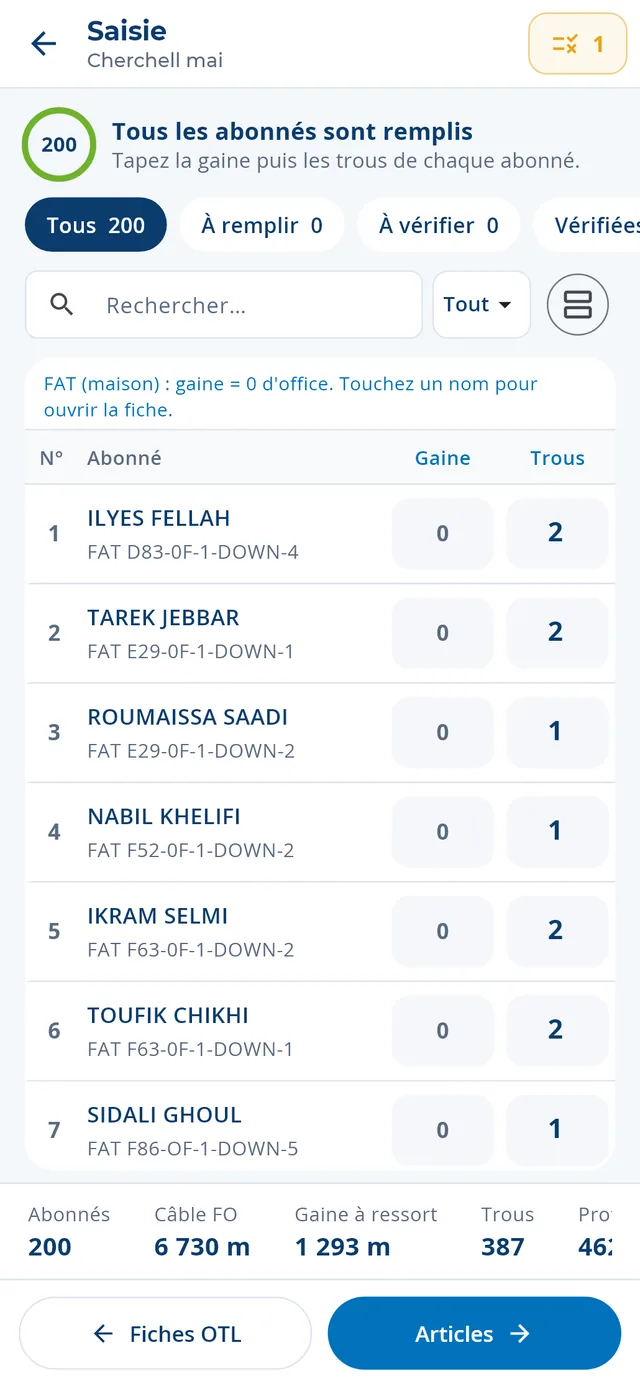 Saisie des fiches d'OptiFact+ sur Android : abonnés, gaine et trous.