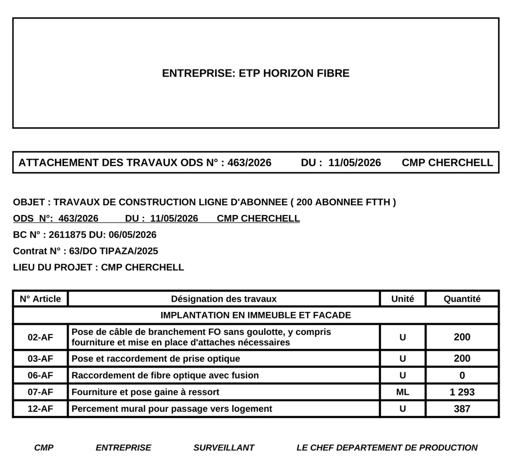 Attachement des travaux généré par OptiFact+.