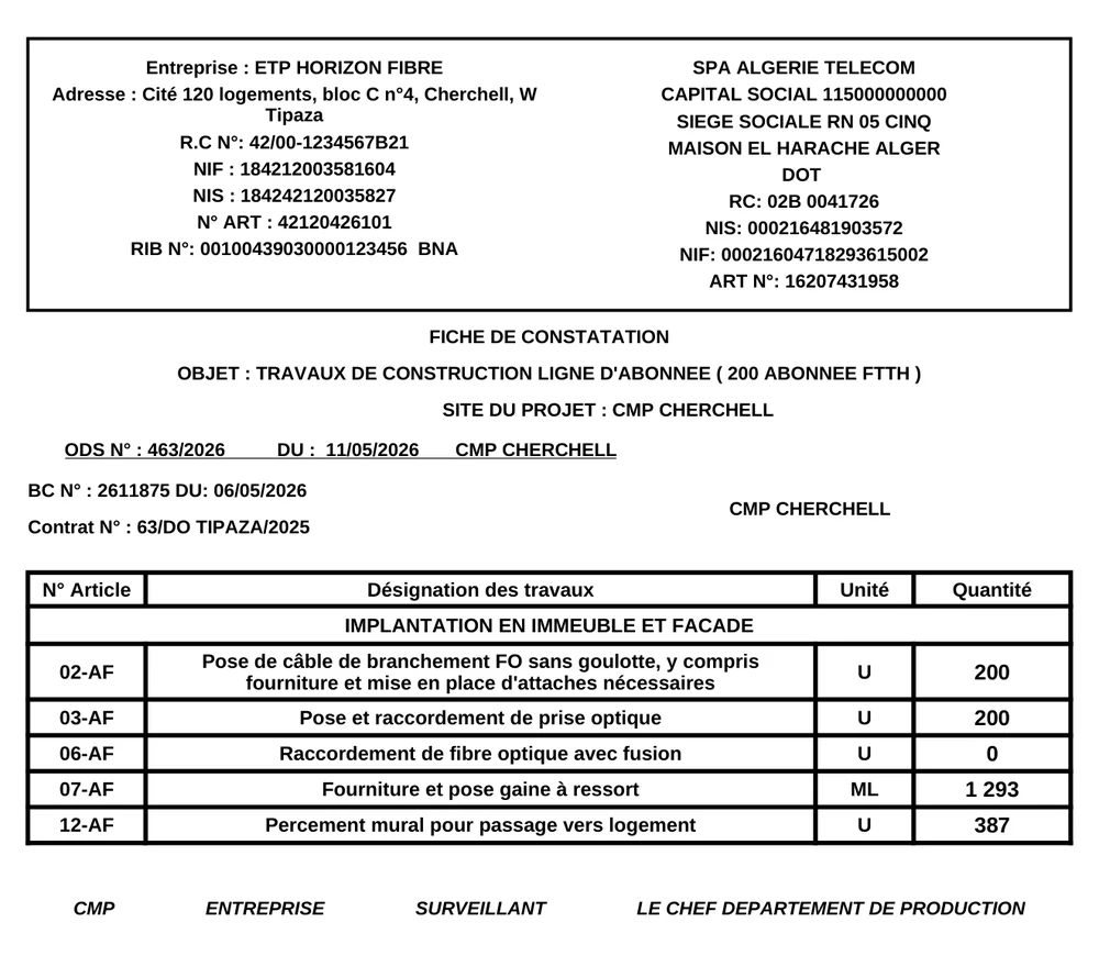 Fiche de constatation générée par OptiFact+.
