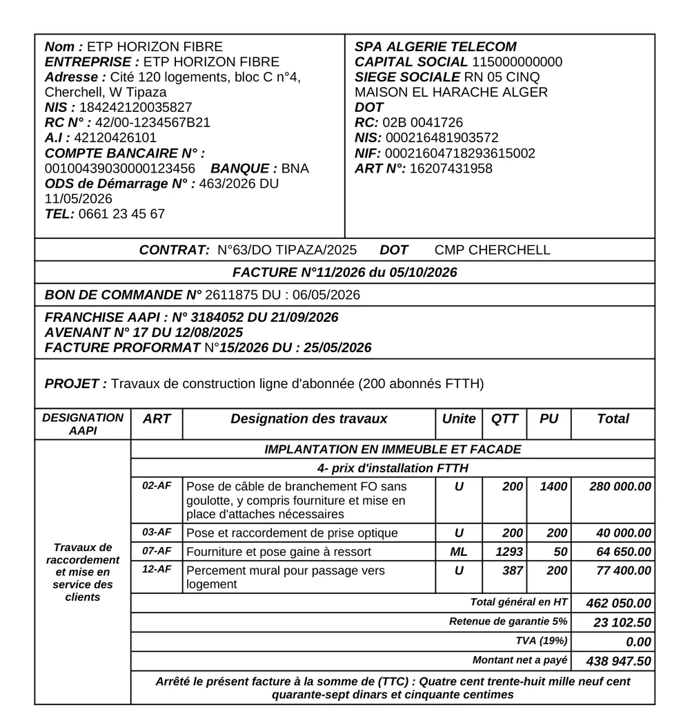 Facture finale générée par OptiFact+ avec retenue de garantie.
