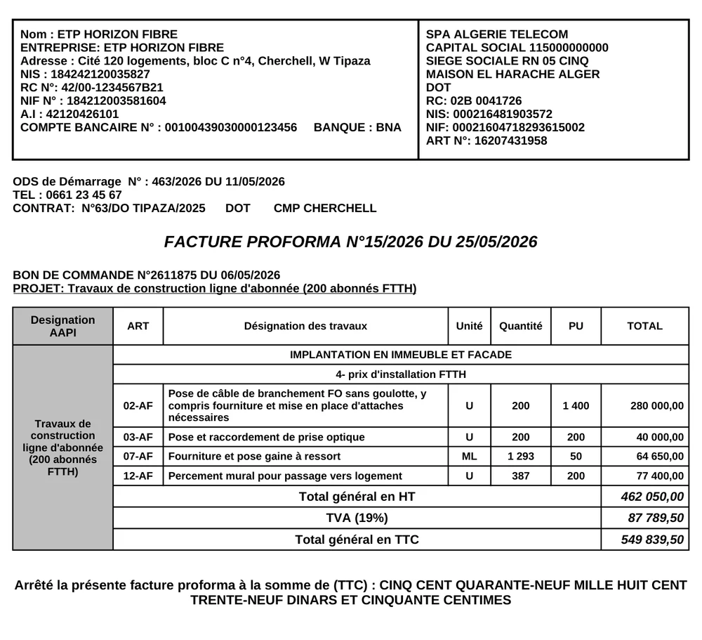 Facture proforma générée par OptiFact+.