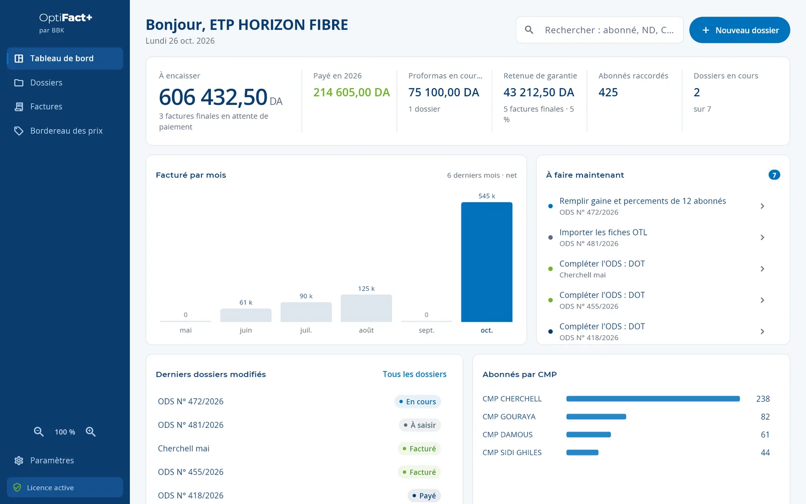 Tableau de bord d'OptiFact+ sur PC : montants à encaisser, factures par mois, travaux à faire.